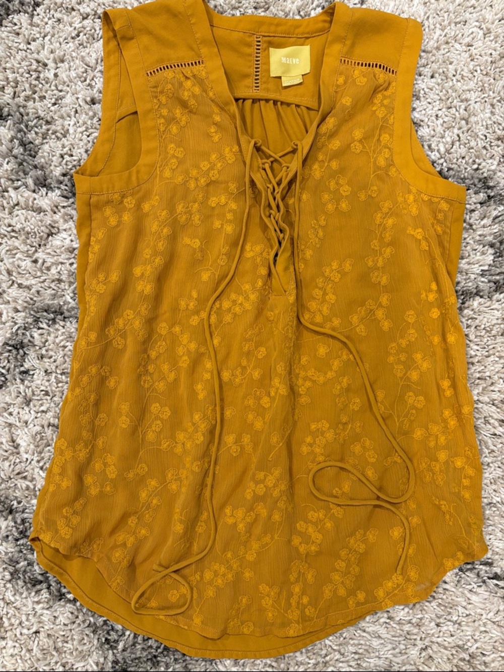 Maeve Anthropologie Mustard Embroidered Lace-Up Sleeveless Top Boho Size 4 - Picture 2 of 16